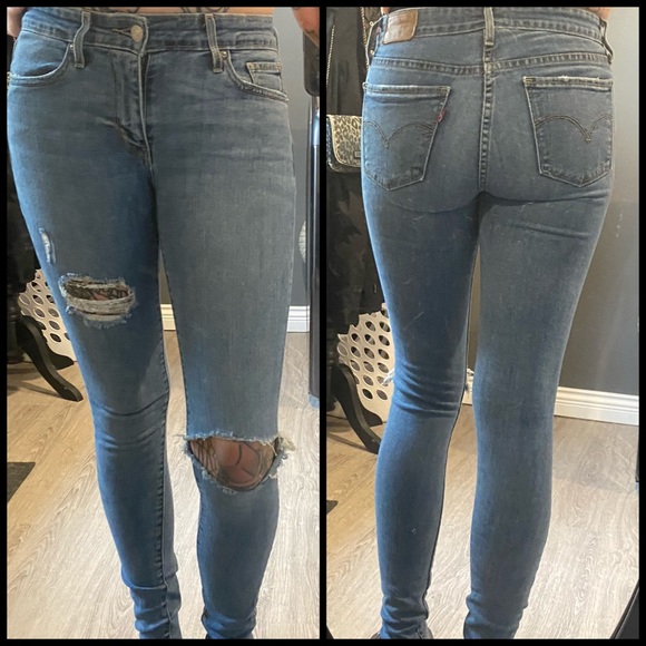 Levi 711 Skinny Jeans Light Distressing Medium Blue EUC - Picture 1 of 2